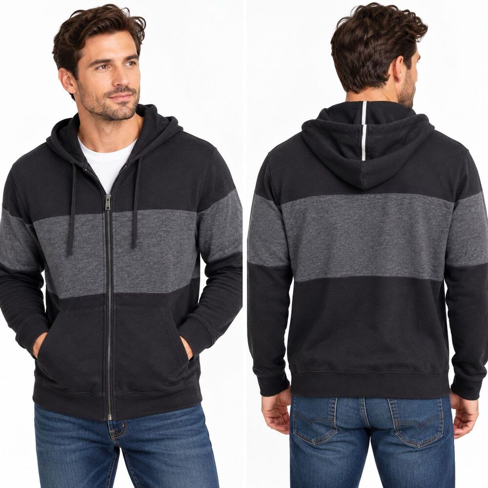 Banana Republic Mens M Full Zip Hoodie 100% Cotton Black Gray Colorblock